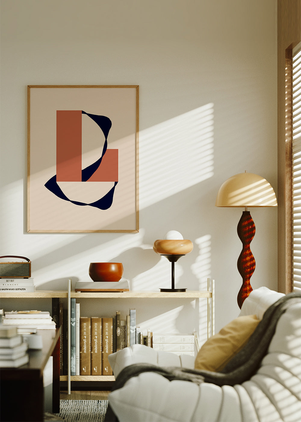 Geometrisk plakat med organisk bånd og terracottablokke