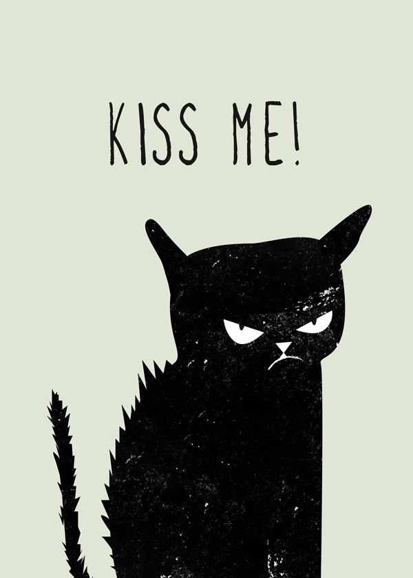 Kat-illustration med 'Kiss Me' tekst