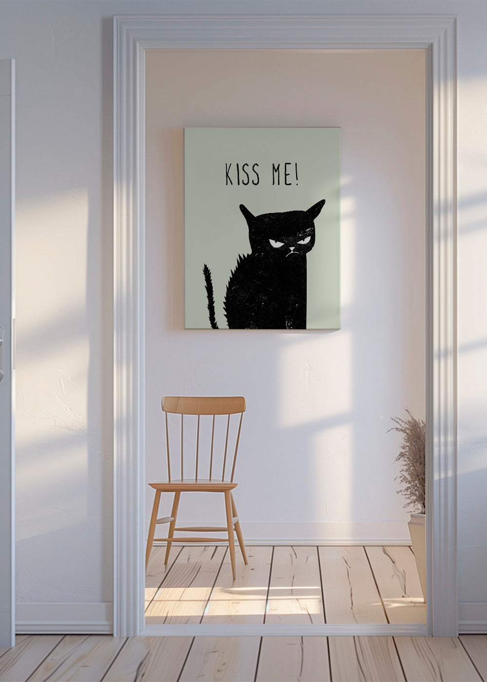 Kat-illustration med 'Kiss Me' tekst