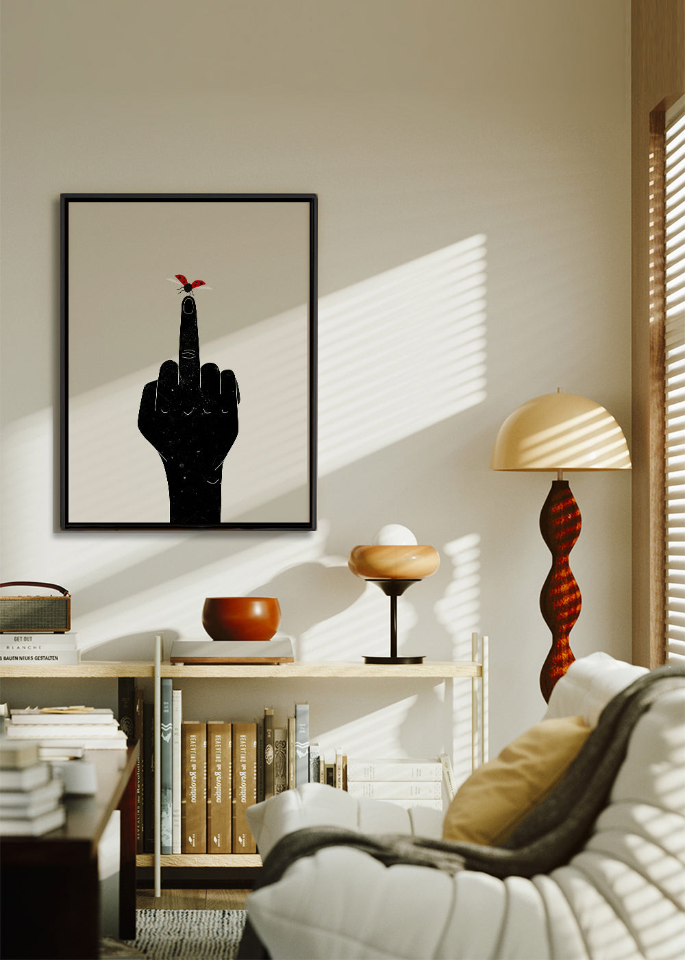 Mariehøne-illustration på pegende finger