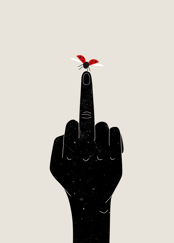 Mariehøne-illustration på pegende finger