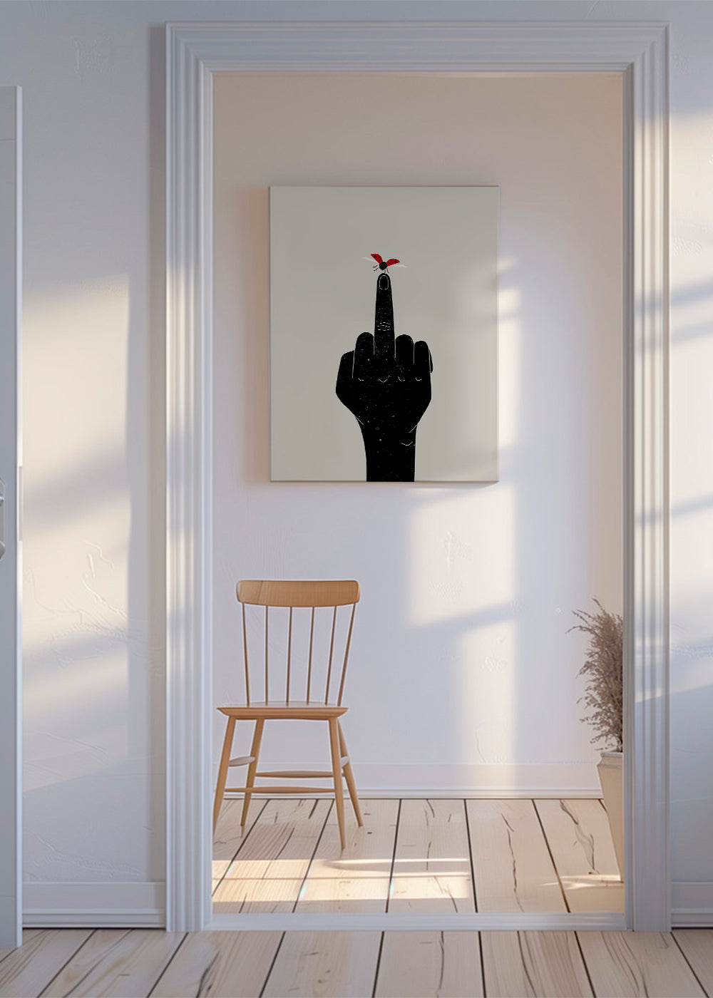 Mariehøne-illustration på pegende finger
