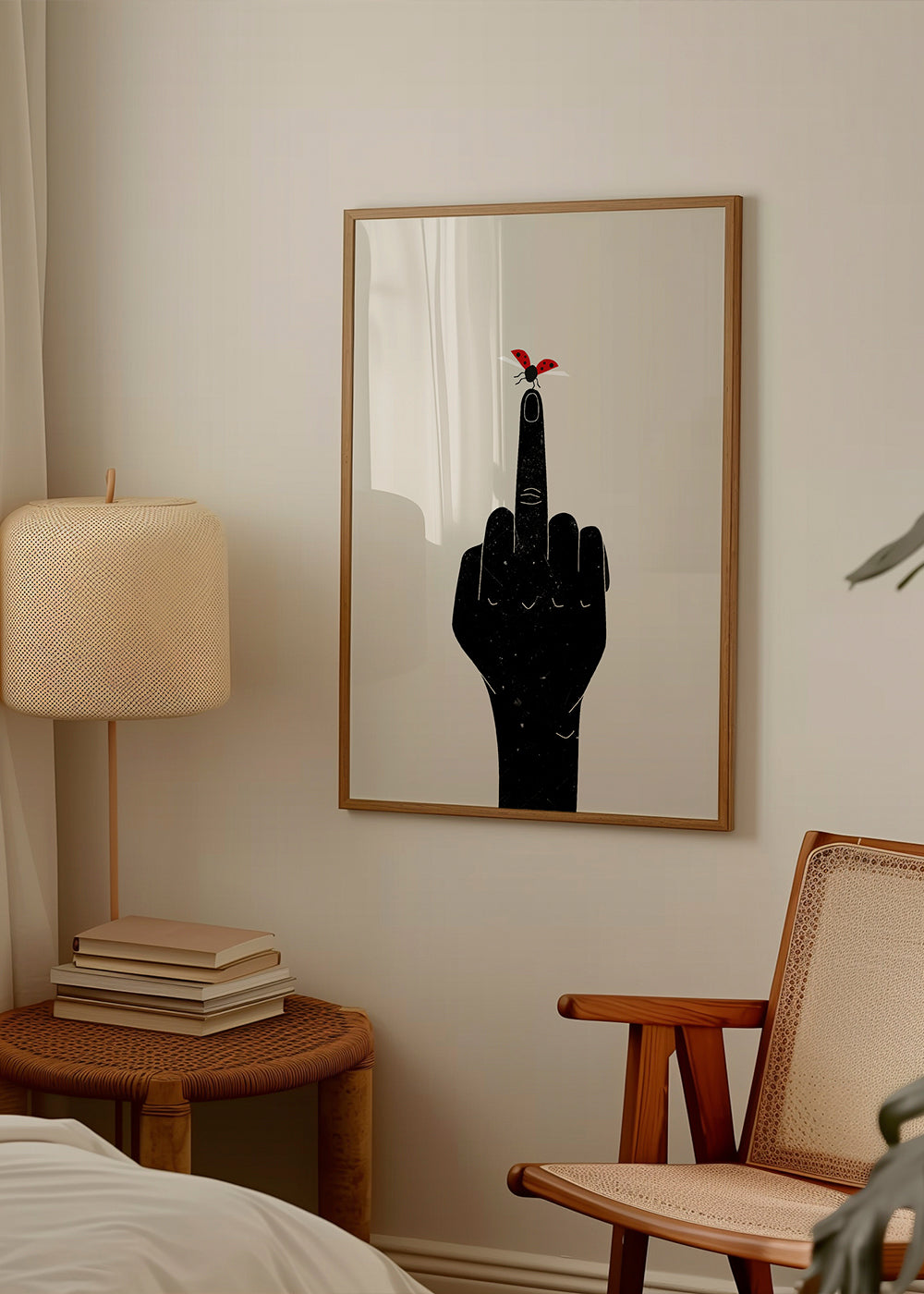 Mariehøne-illustration på pegende finger