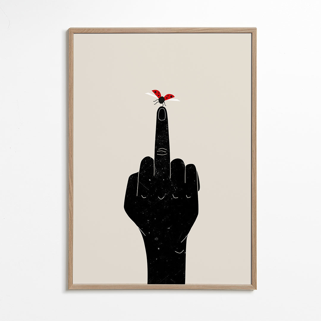 Mariehøne-illustration på pegende finger