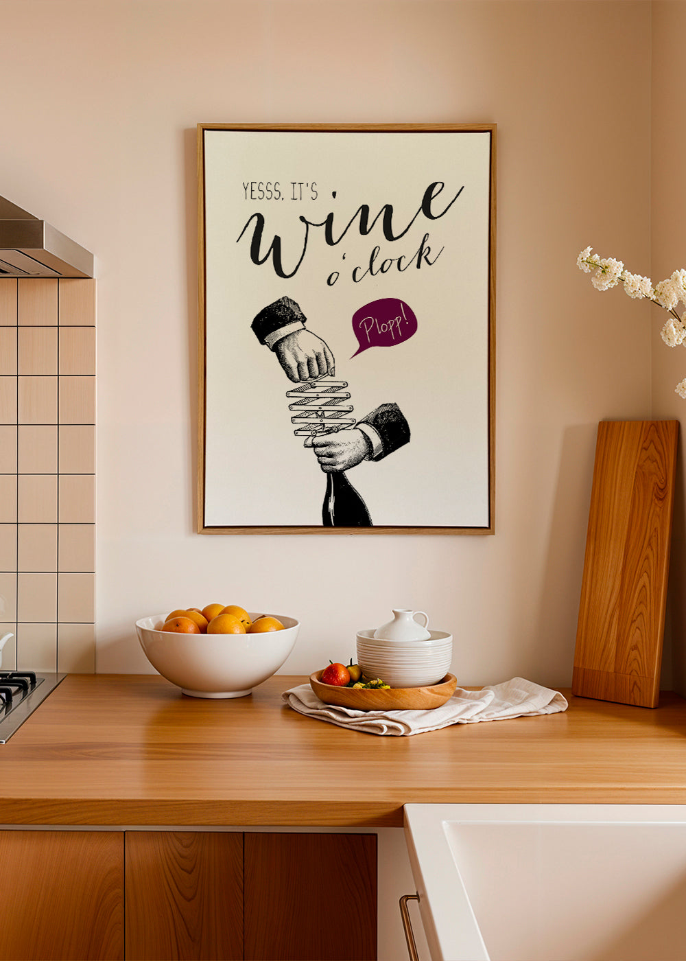 Køkkenkunst 'Wine o'clock' typografi med vintage skitse