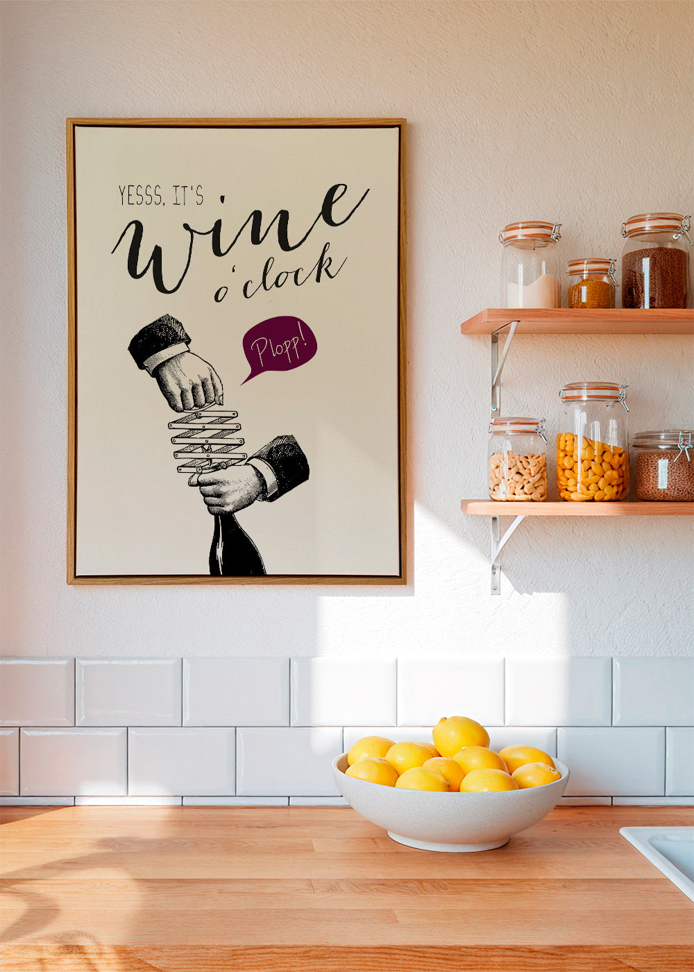 Køkkenkunst 'Wine o'clock' typografi med vintage skitse