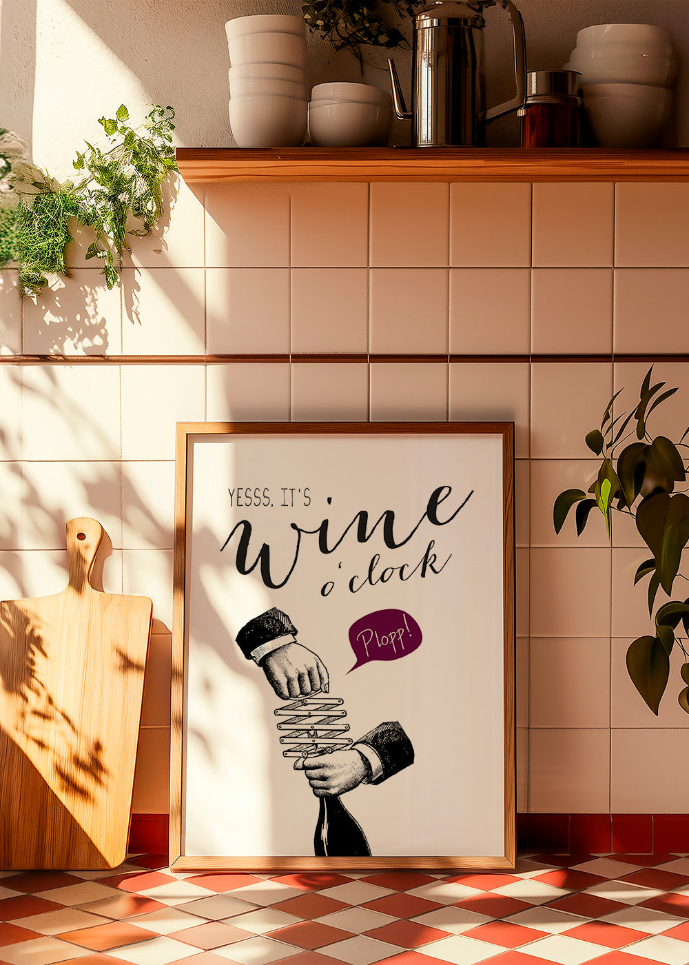 Køkkenkunst 'Wine o'clock' typografi med vintage skitse