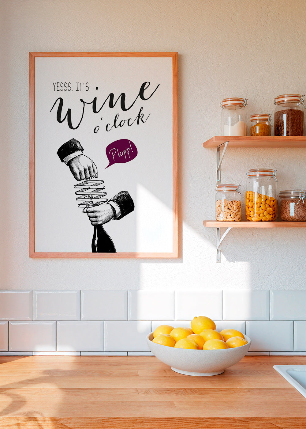 Køkkenkunst 'Wine o'clock' typografi med vintage skitse