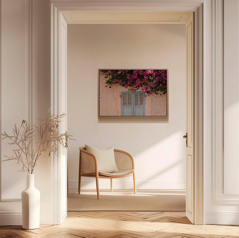 Botanisk plakat med bougainvillea over gammel dør – Canvas2