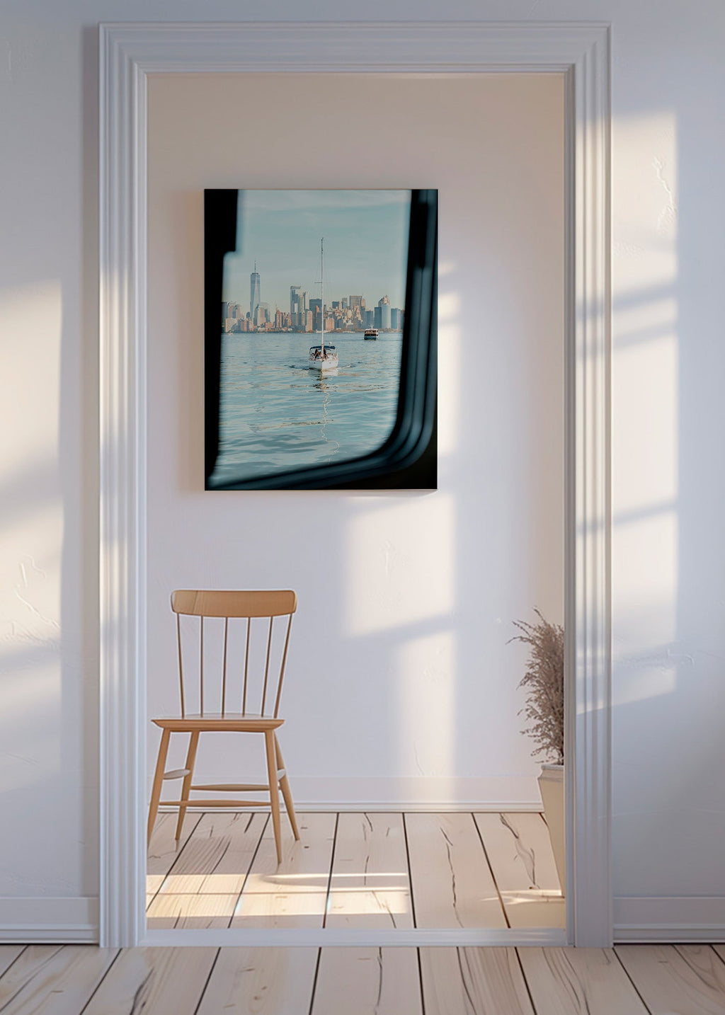 Rejseplakat med sejlbåd og bysilhuet – Canvas