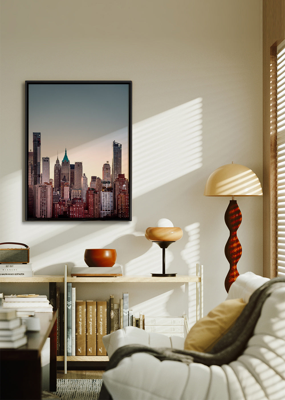 Byplakat med skyline ved skumring – Canvas2