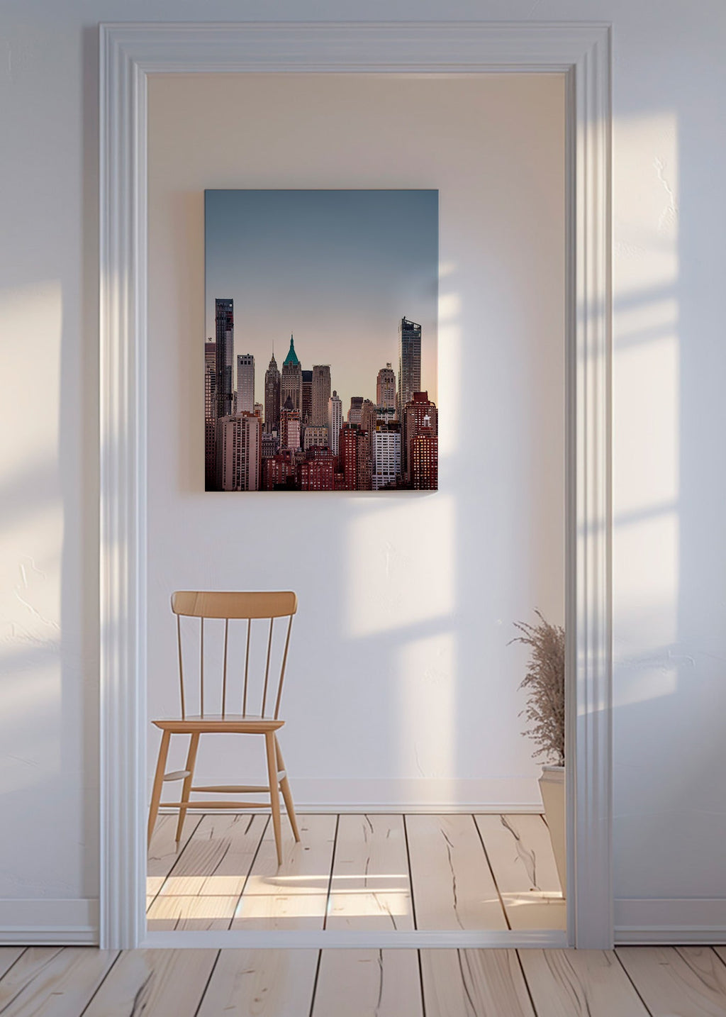 Byplakat med skyline ved skumring – Canvas