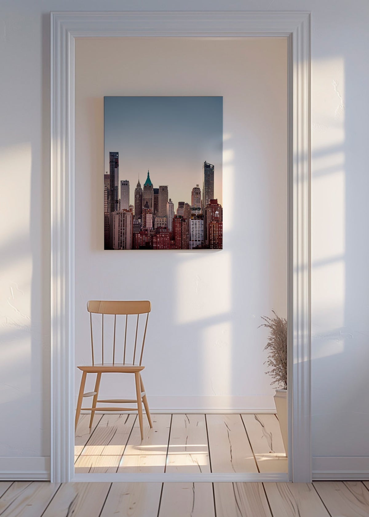 Byplakat med skyline ved skumring – Canvas