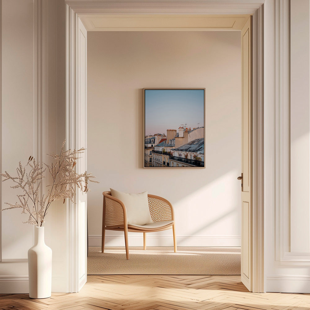 Byplakat med tage i morgengry – Canvas1