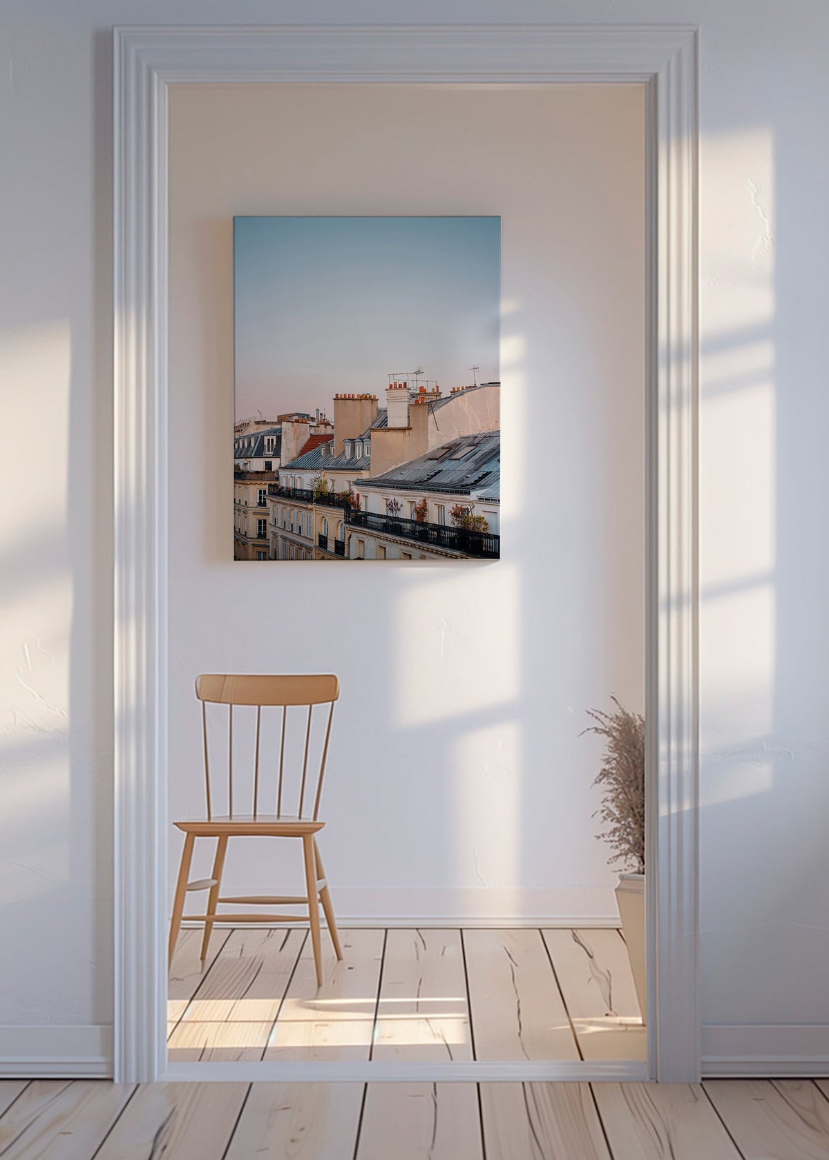 Byplakat med tage i morgengry – Canvas
