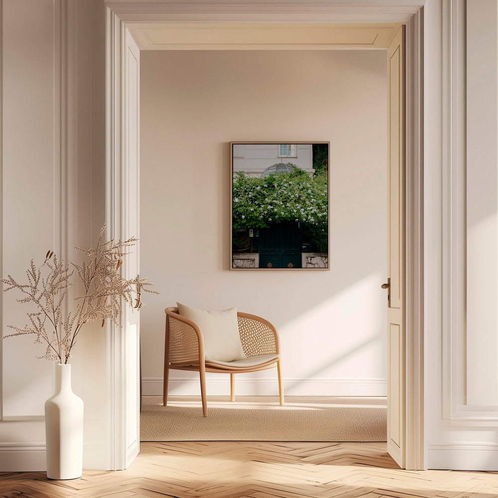 Botanisk plakat med hvid slyngplante ved port – Canvas1