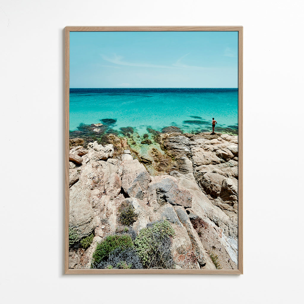 Landskabskunst: klippekyst med turkis hav – Oak Frame