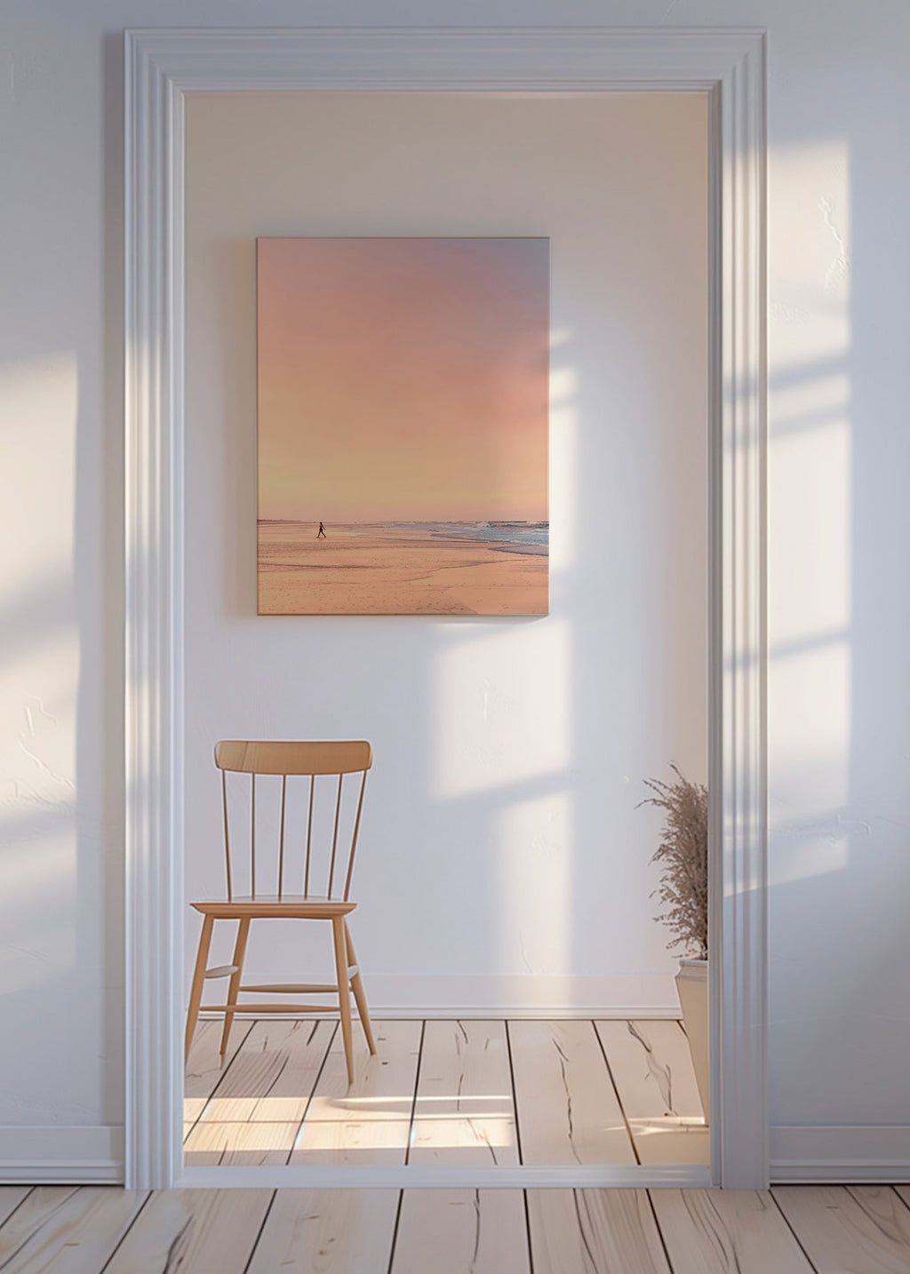 Landskabskunst: pastelstrand ved solopgang – Canvas