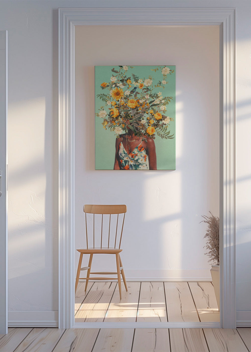 Botanisk plakat med portræt og blomsterkrone