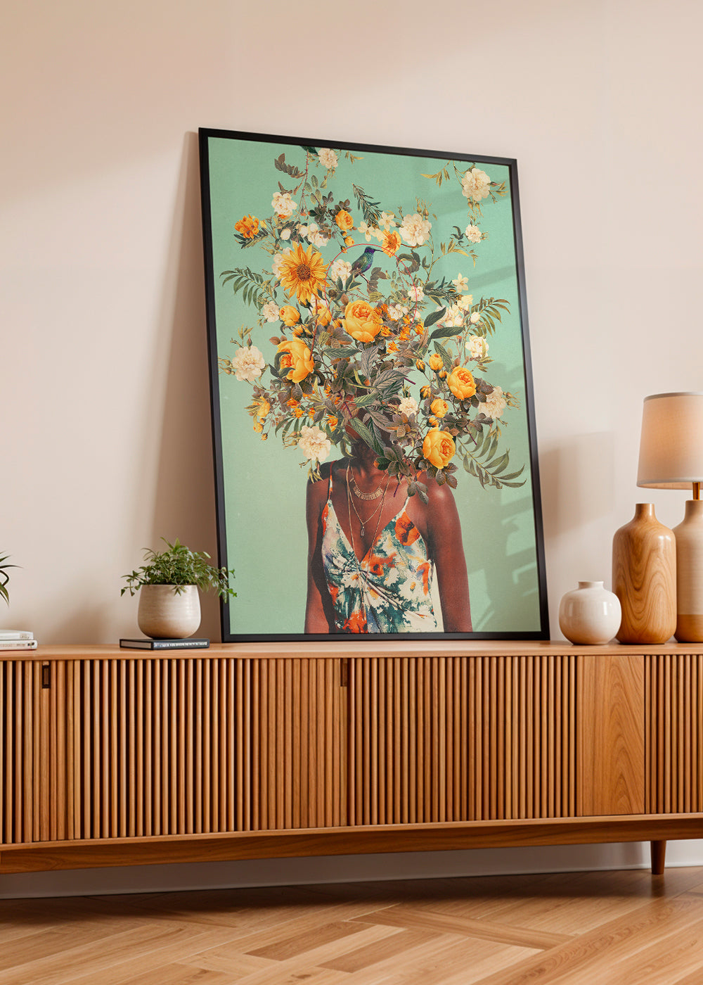 Botanisk plakat med portræt og blomsterkrone