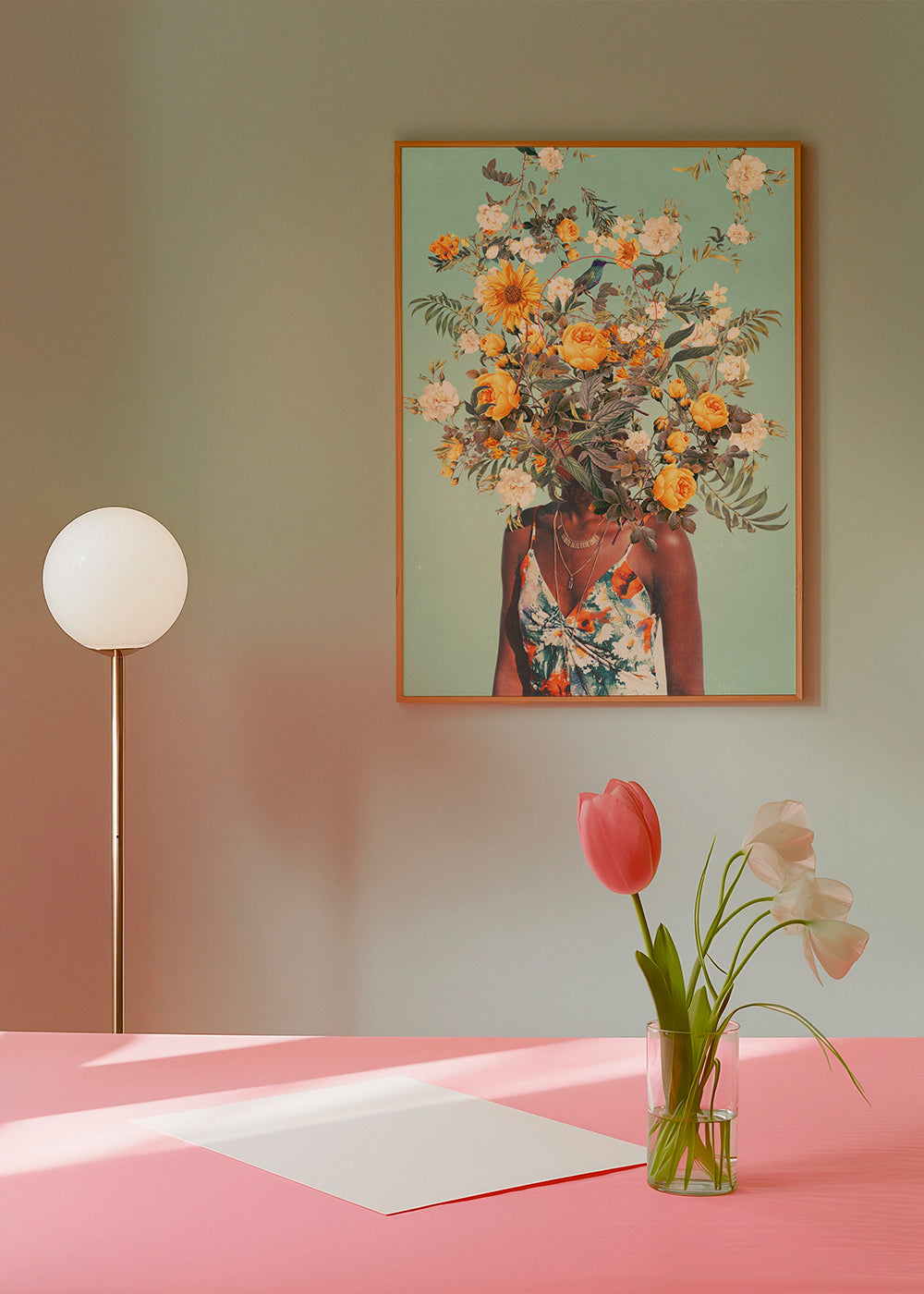 Botanisk plakat med portræt og blomsterkrone