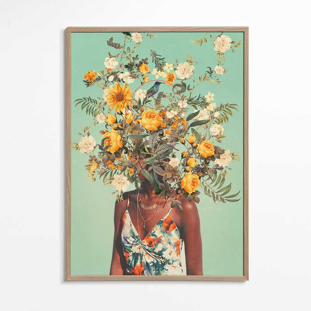 Botanisk plakat med portræt og blomsterkrone