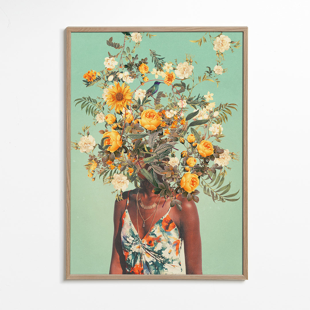 Botanisk plakat med portræt og blomsterkrone