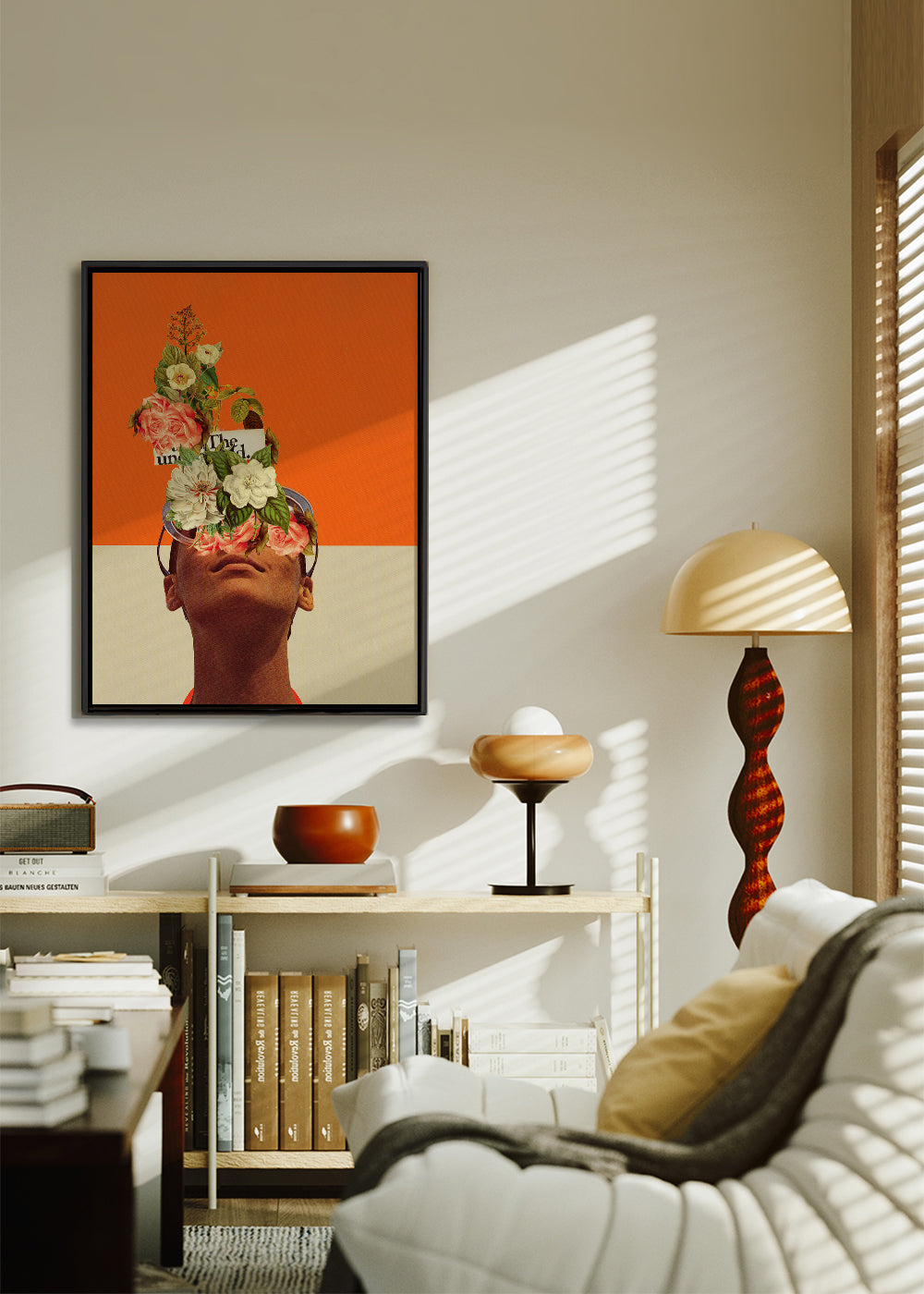 Botanisk plakat med blomstercollage og portræt