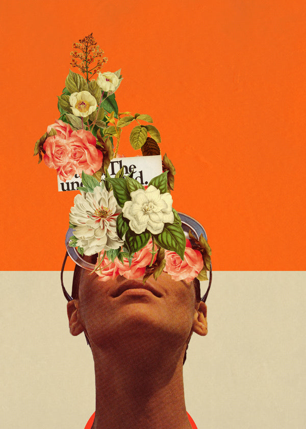 Botanisk plakat med blomstercollage og portræt