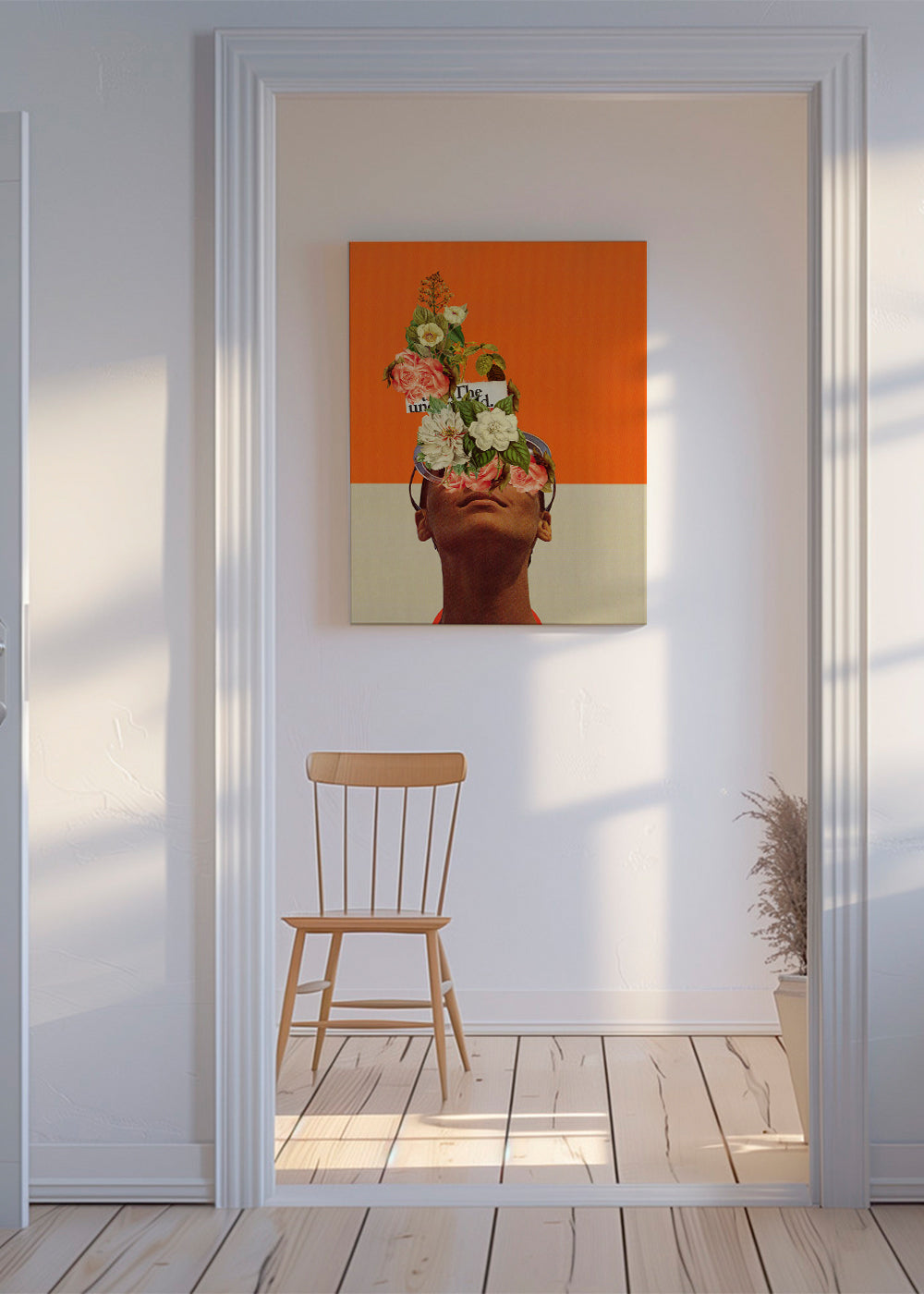Botanisk plakat med blomstercollage og portræt
