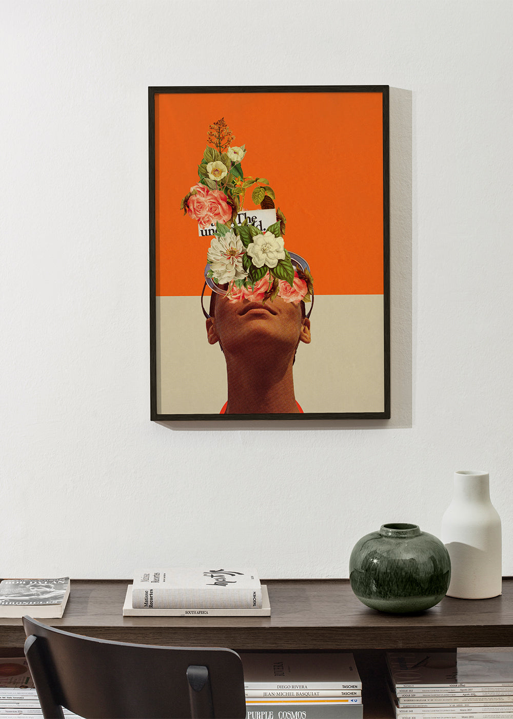 Botanisk plakat med blomstercollage og portræt