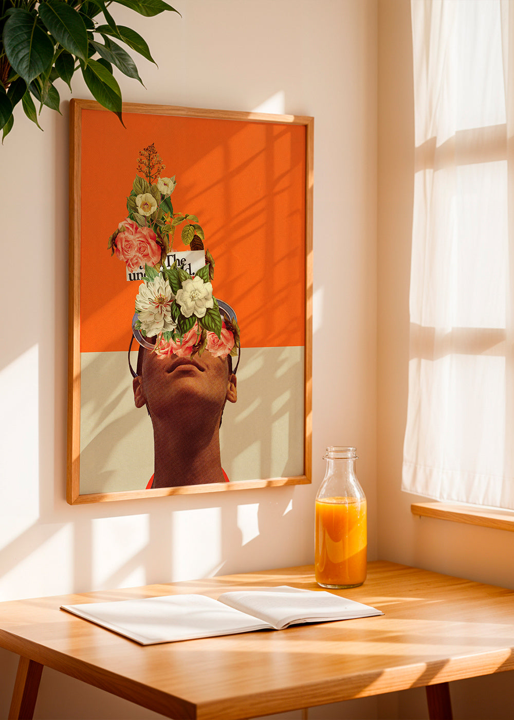 Botanisk plakat med blomstercollage og portræt