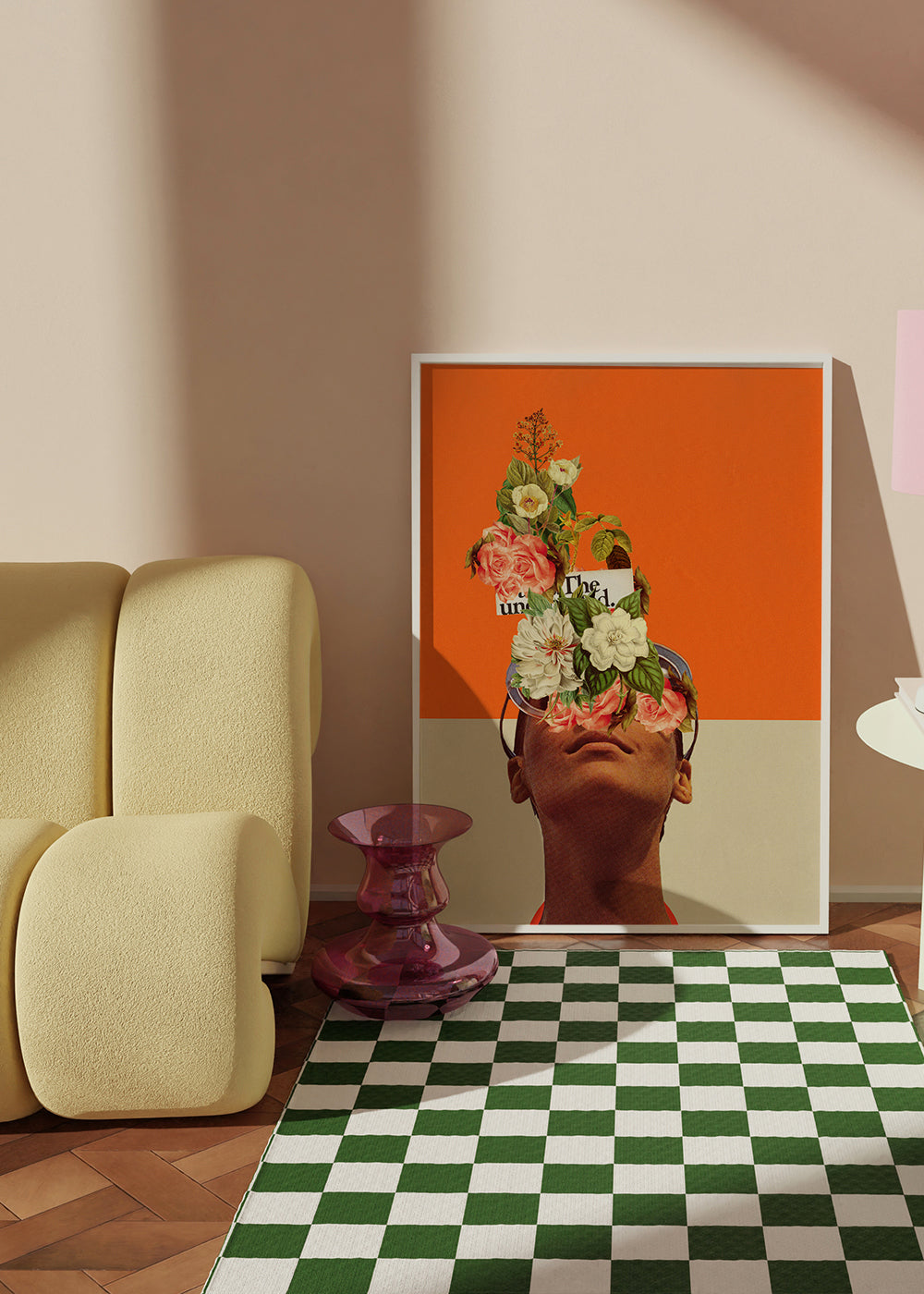 Botanisk plakat med blomstercollage og portræt
