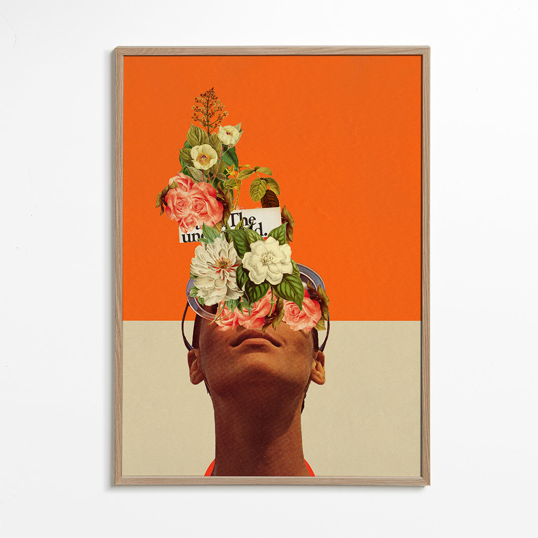 Botanisk plakat med blomstercollage og portræt