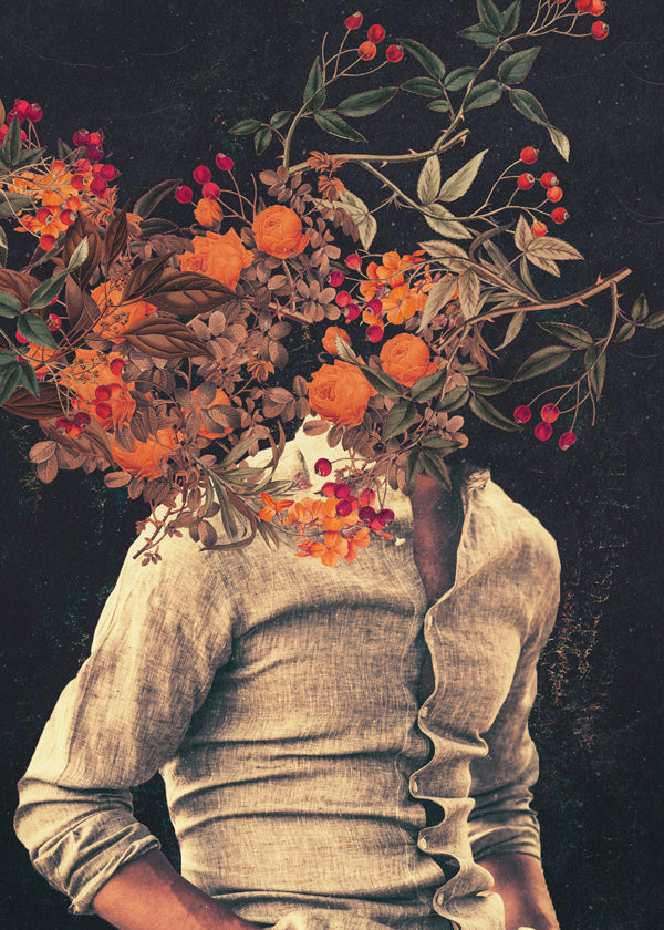 Botanisk plakat med blomster-torso surreal