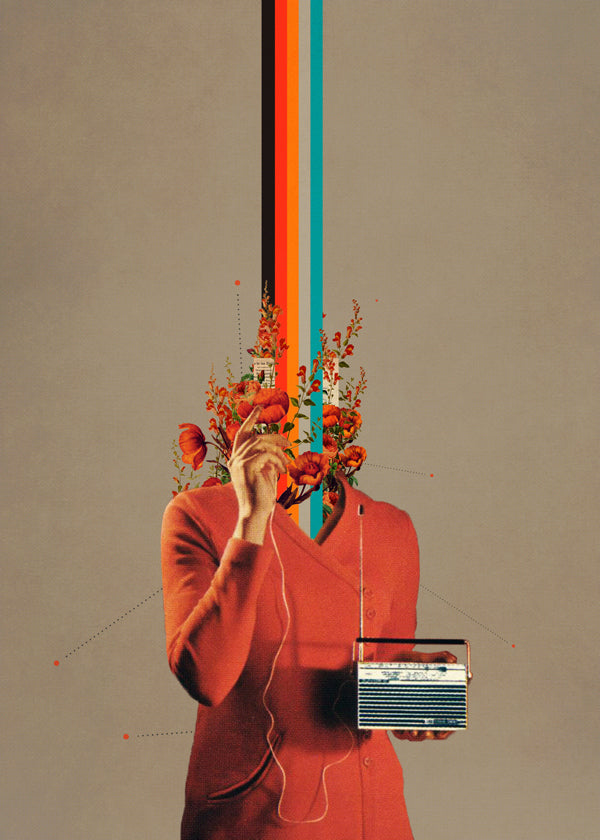 Retro illustration med figur, radio og blomster