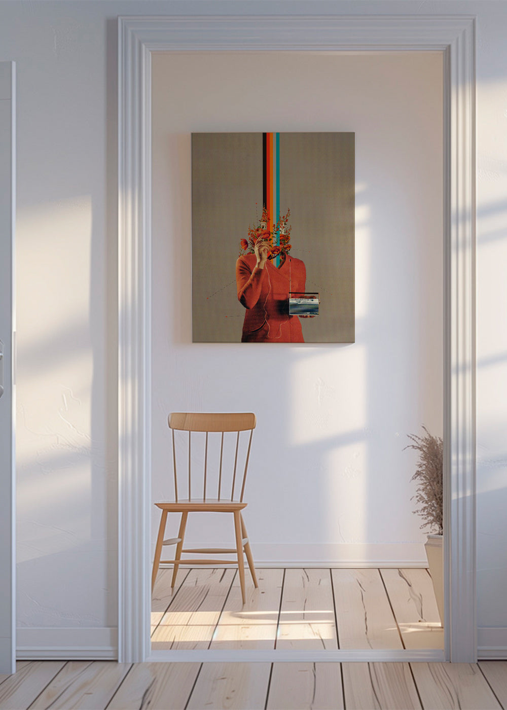 Retro illustration med figur, radio og blomster