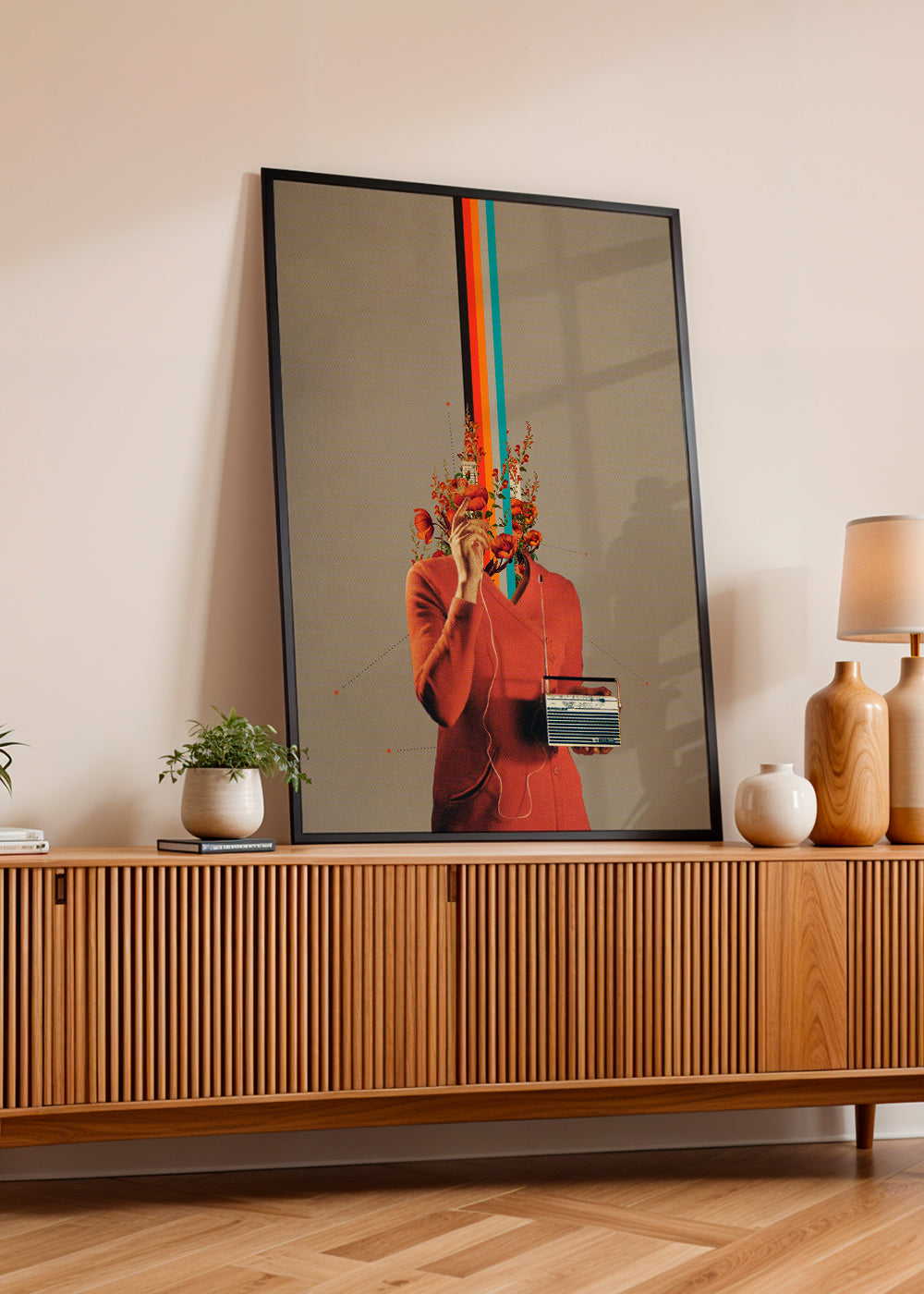 Retro illustration med figur, radio og blomster