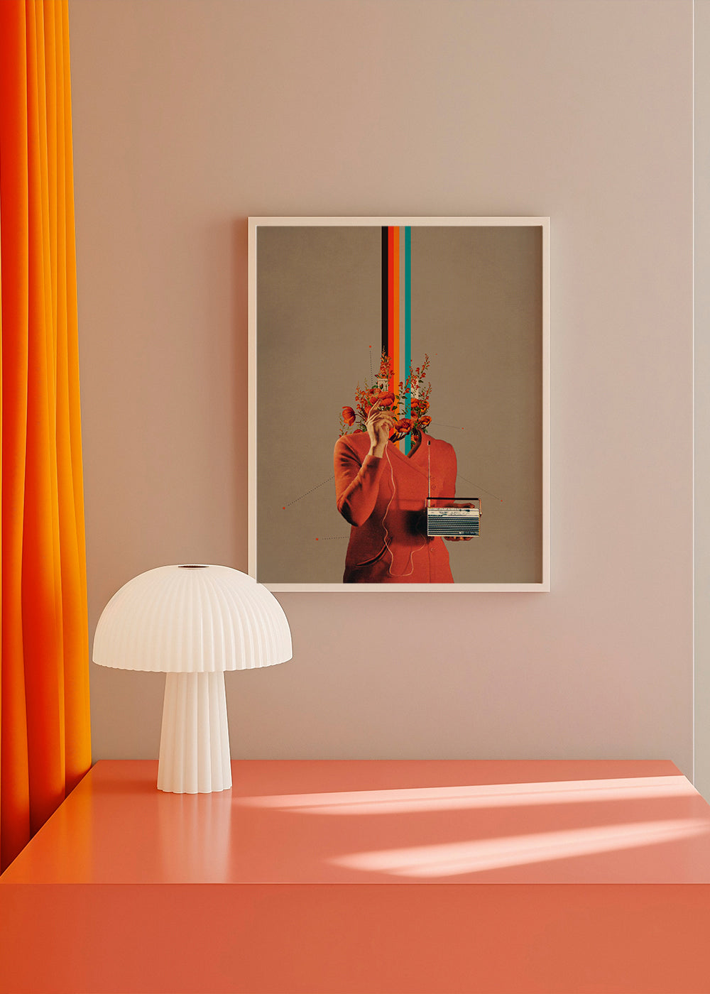 Retro illustration med figur, radio og blomster