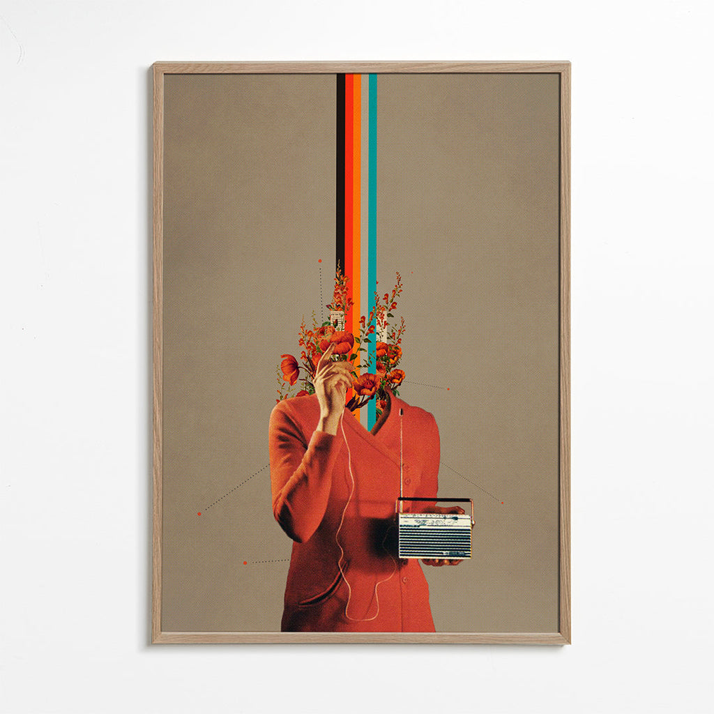 Retro illustration med figur, radio og blomster