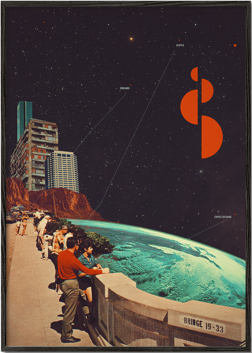 Vintage plakat: rum-kollage med kystpromenade