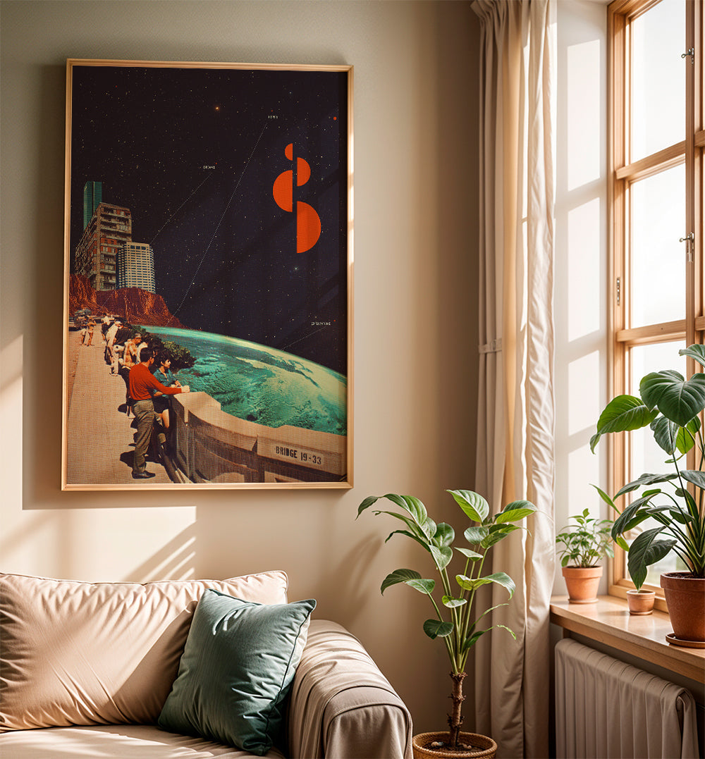 Vintage plakat: rum-kollage med kystpromenade