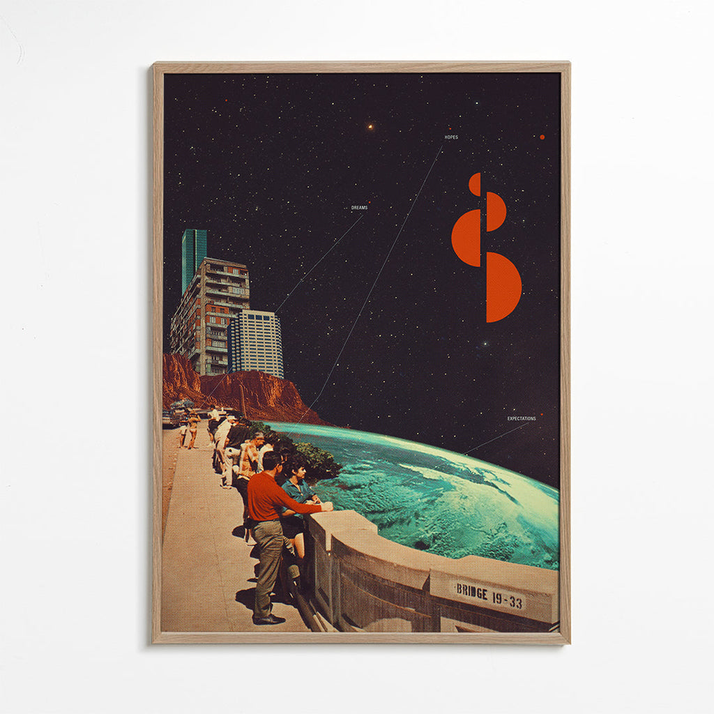 Vintage plakat: rum-kollage med kystpromenade