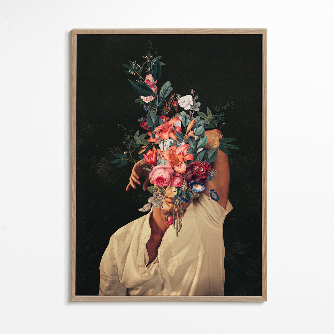 Botanisk plakat: surrealistisk blomsterportræt