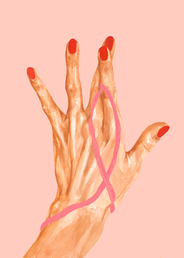 Illustration hånd med rosa bånd