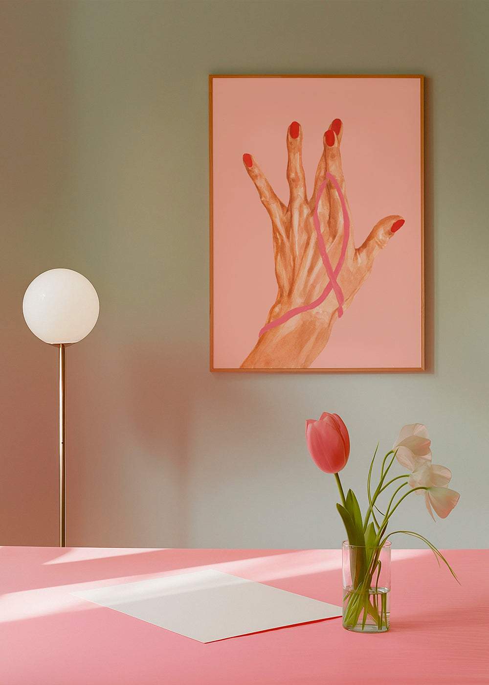 Illustration hånd med rosa bånd