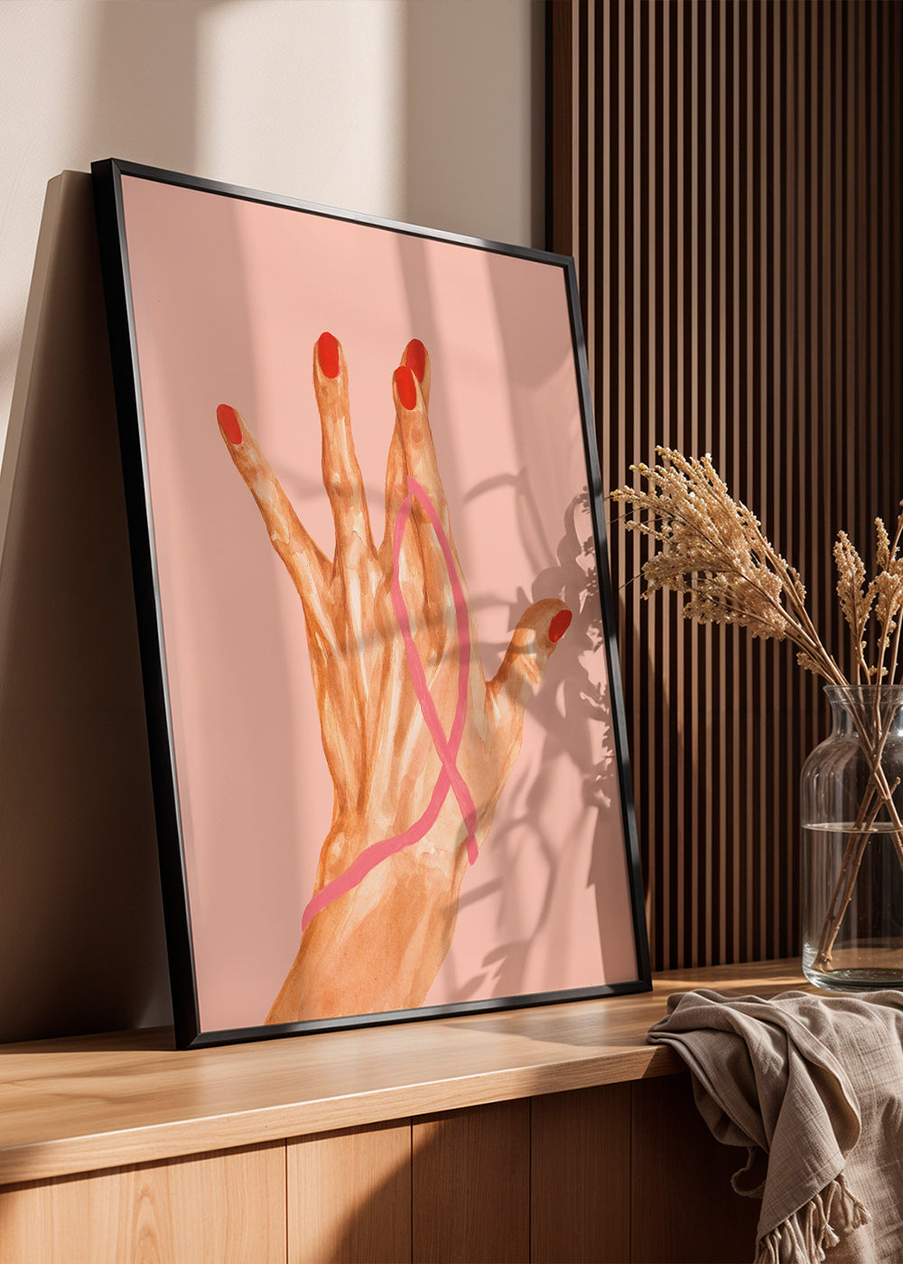Illustration hånd med rosa bånd