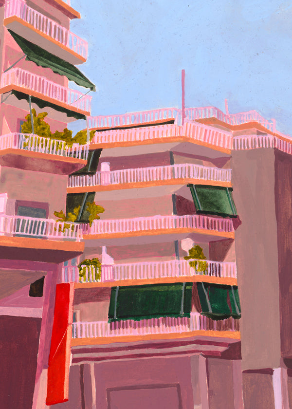 Illustration af rosa bygninger