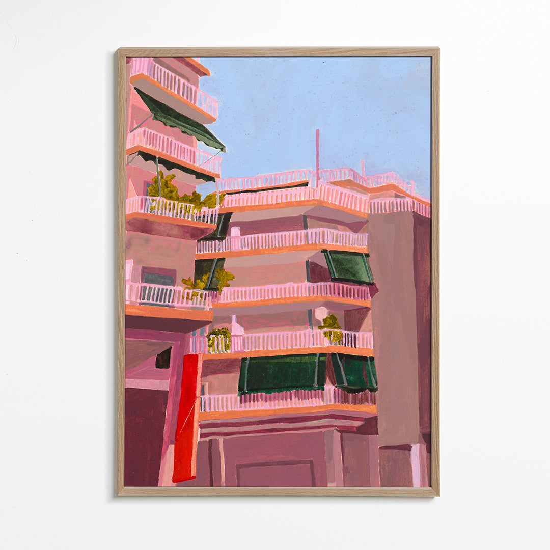Illustration af rosa bygninger