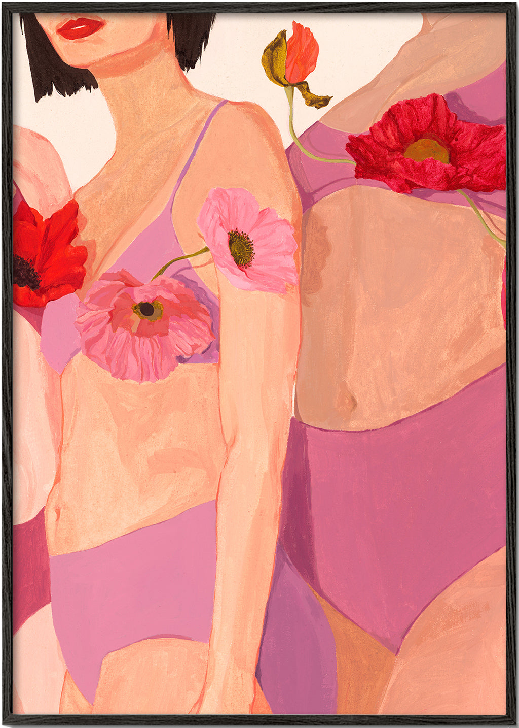 Kvindeillustration med valmuer i pink